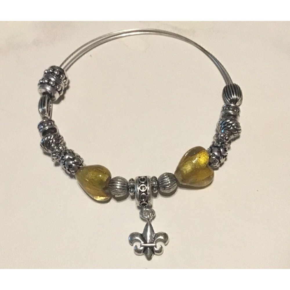 Silver Beaded Fleurāde lis & Topaz Murano Glass Heart Expandable BangleāBracelet